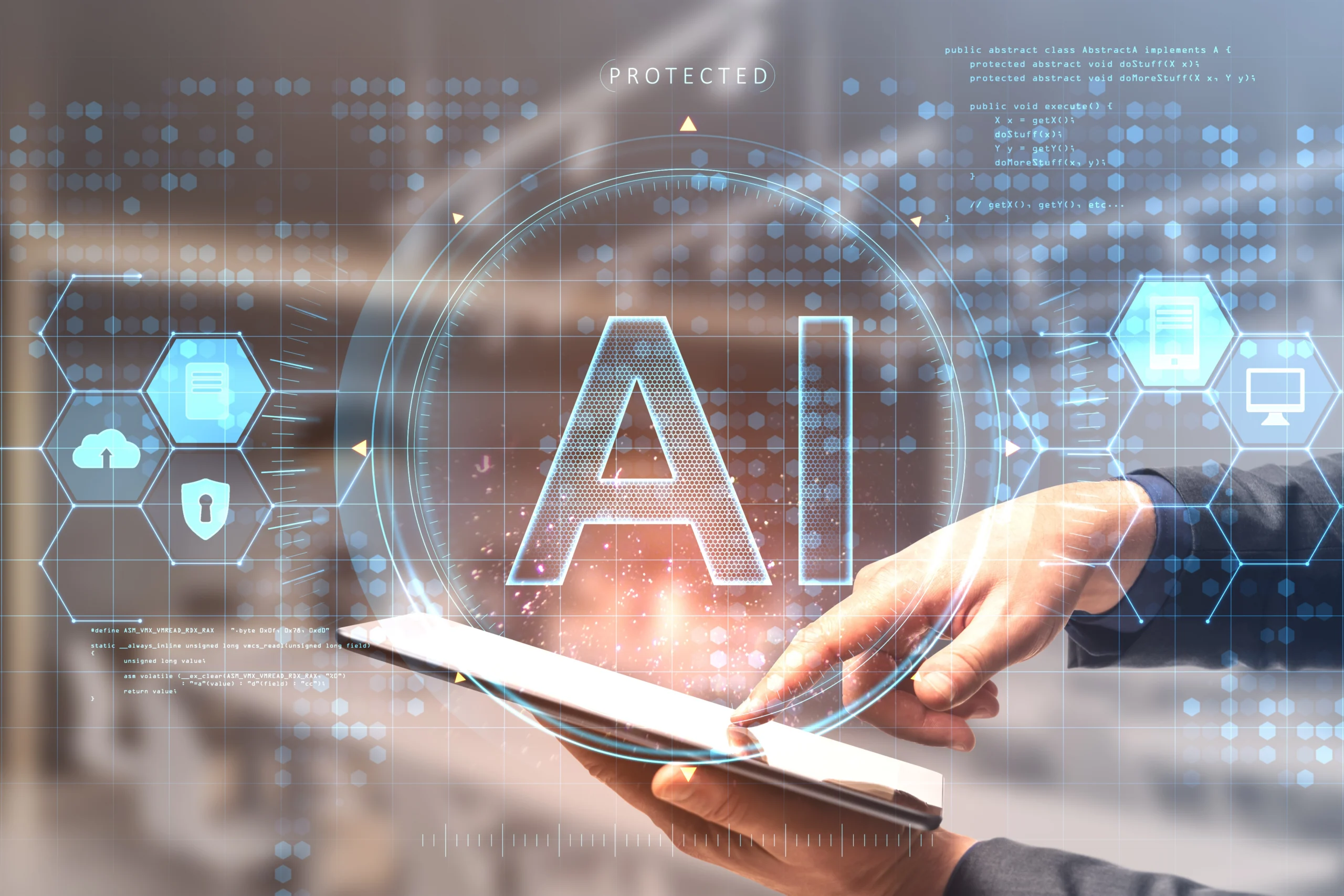 hand using a tablet and AI