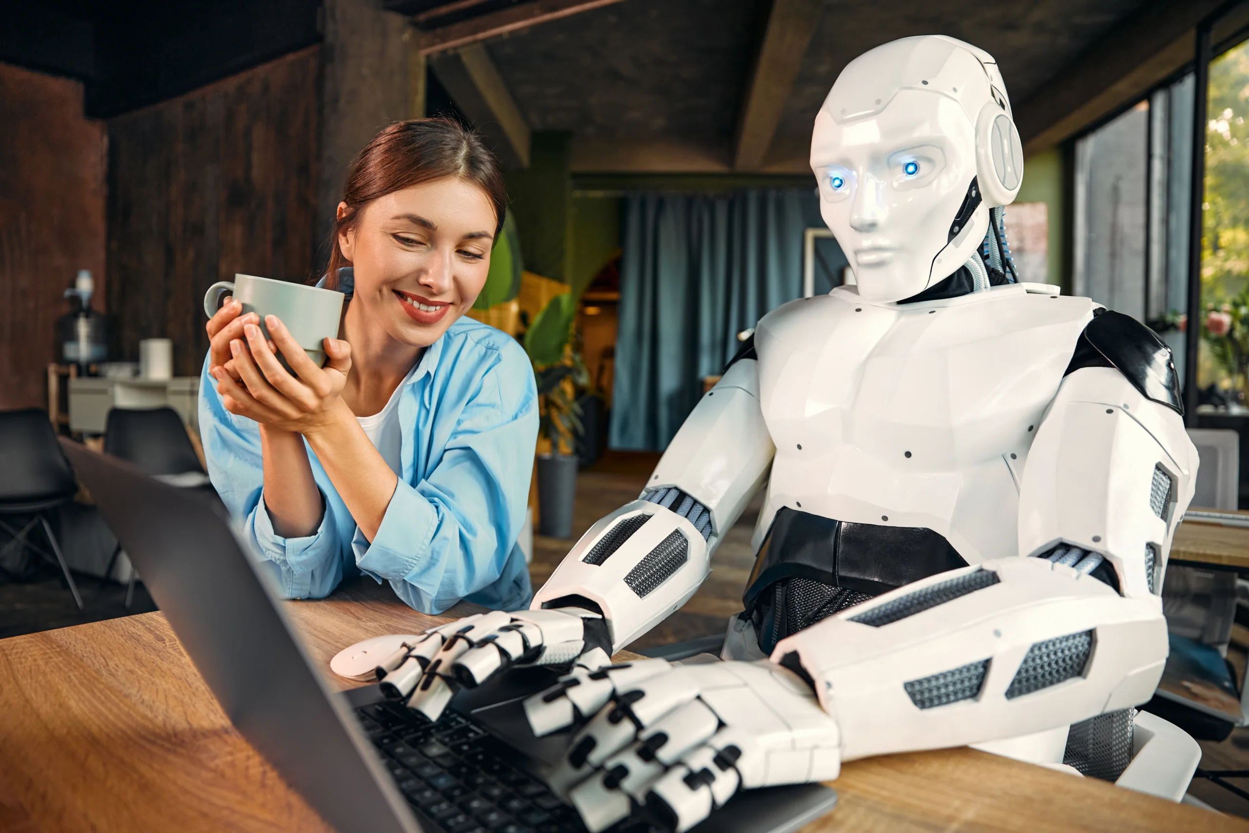 robot and woman working on a laptop