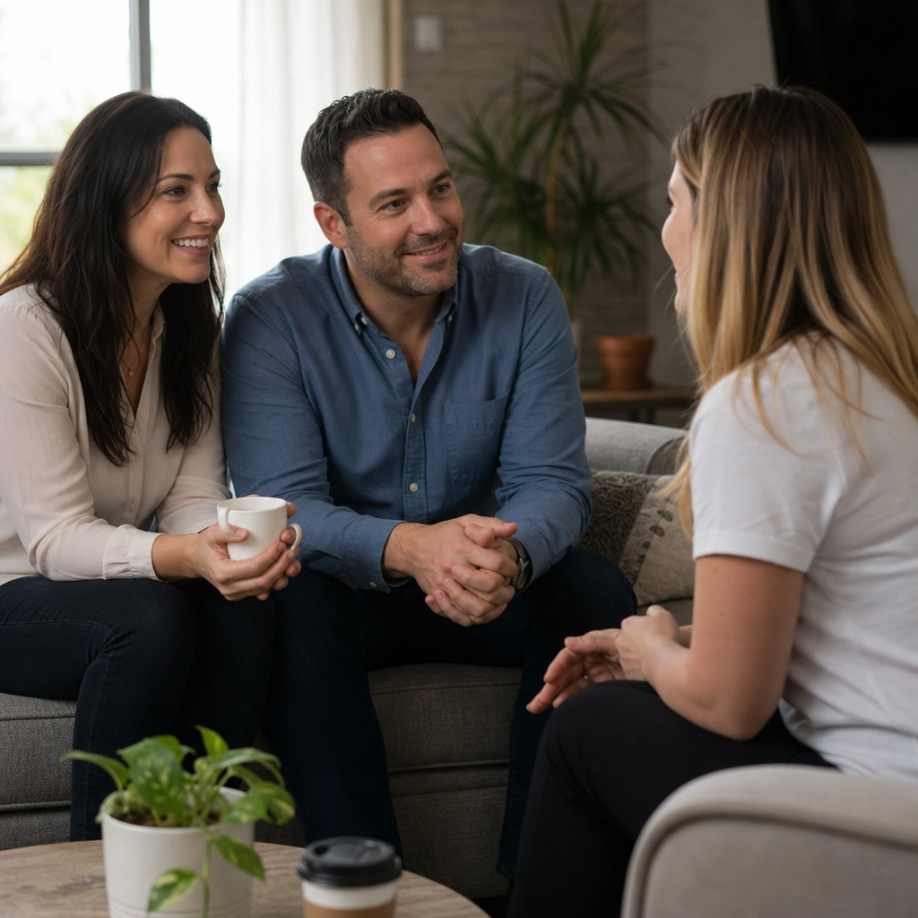 couple talking with a woman on the couch