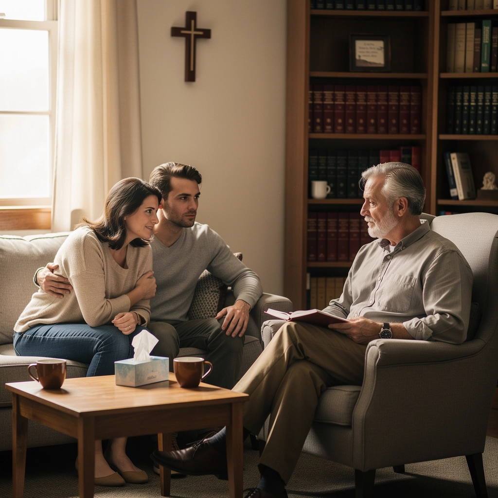 pastor chatting with a couple in his office 