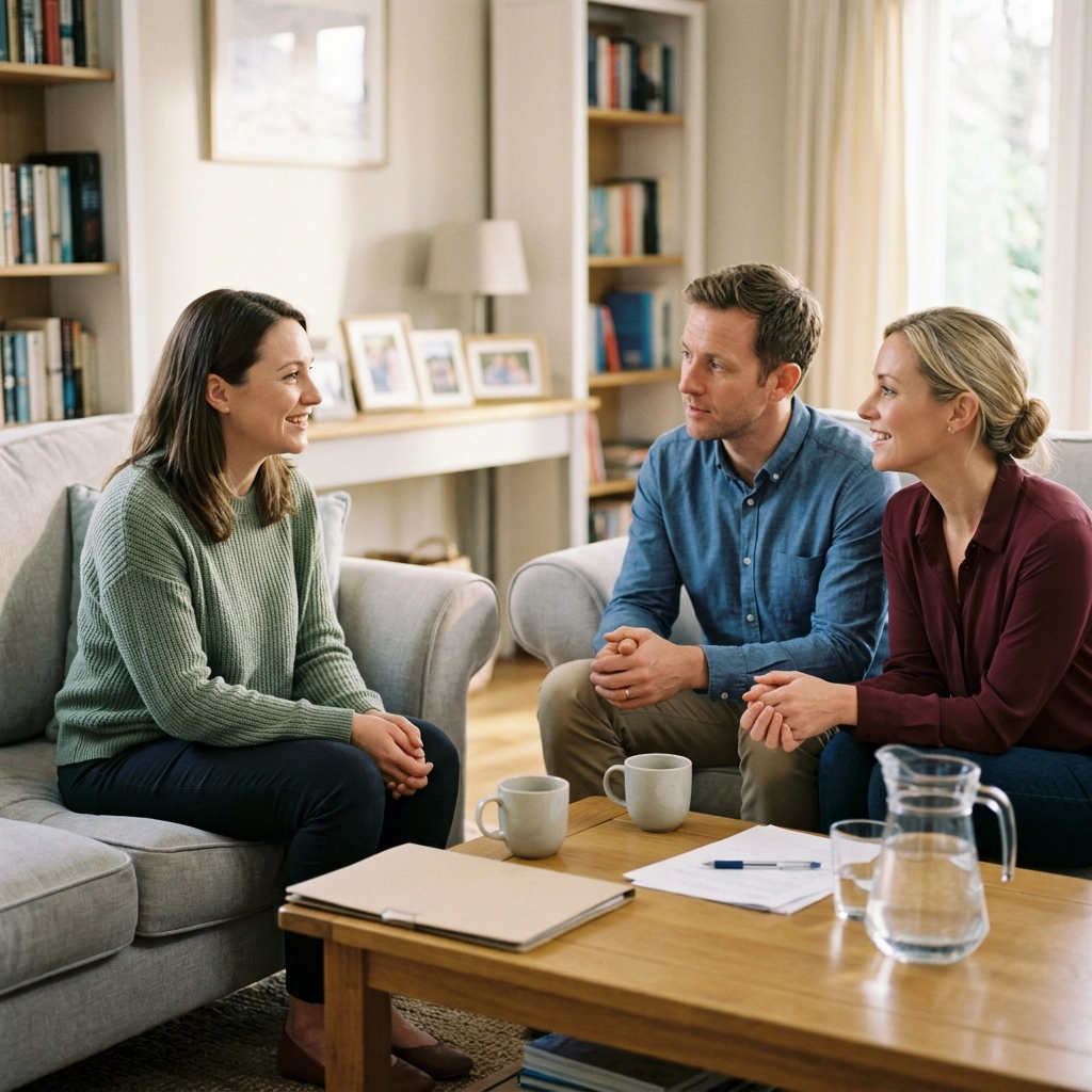 couple meeting with female surrogate in their house