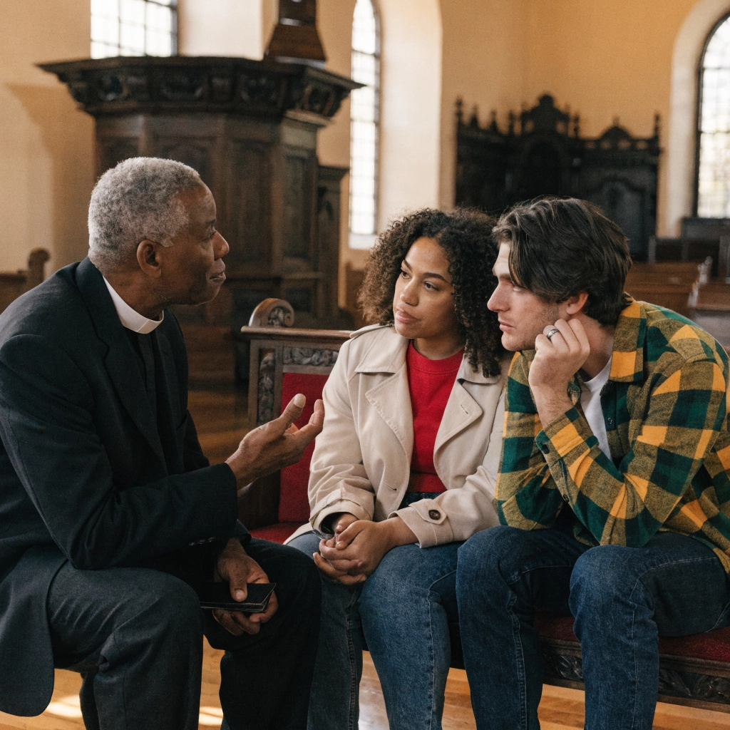 pastor talking with a couple in church