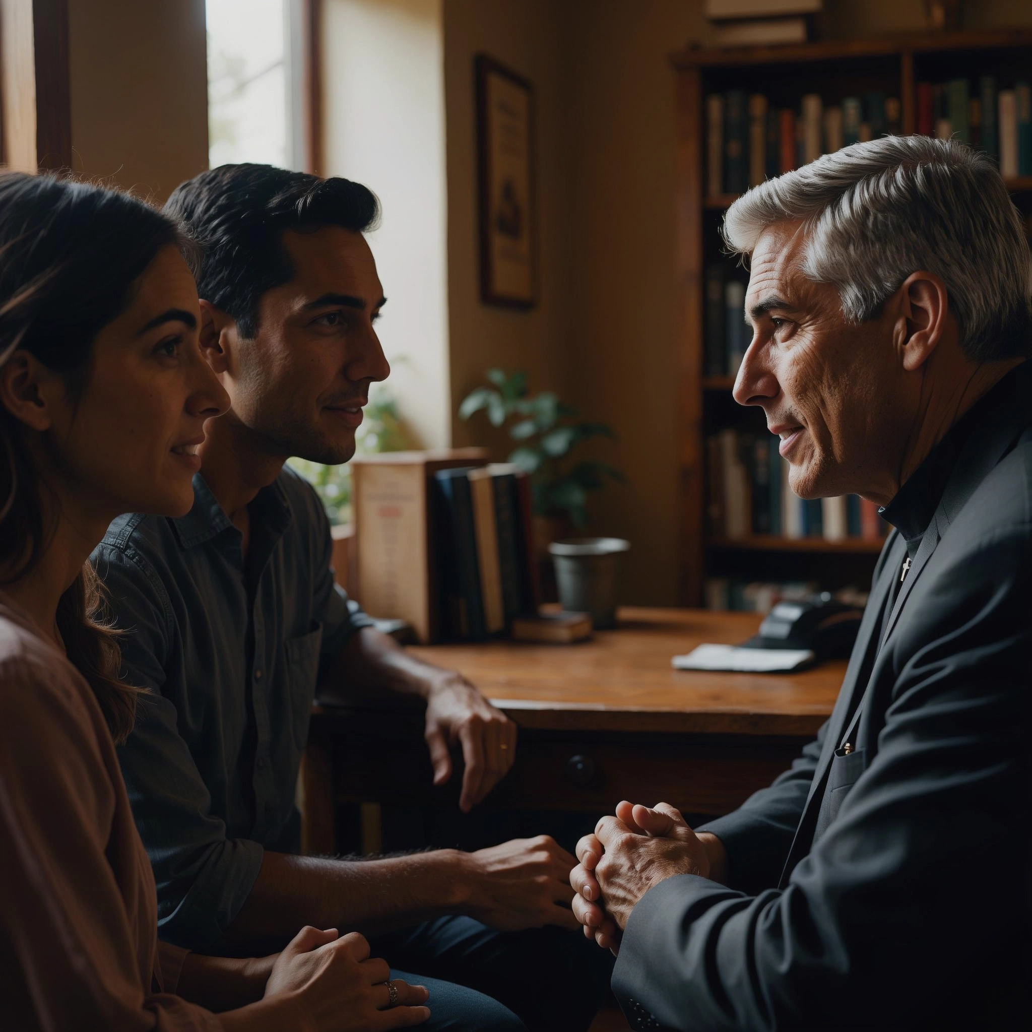 Priest talking with a couple in his office