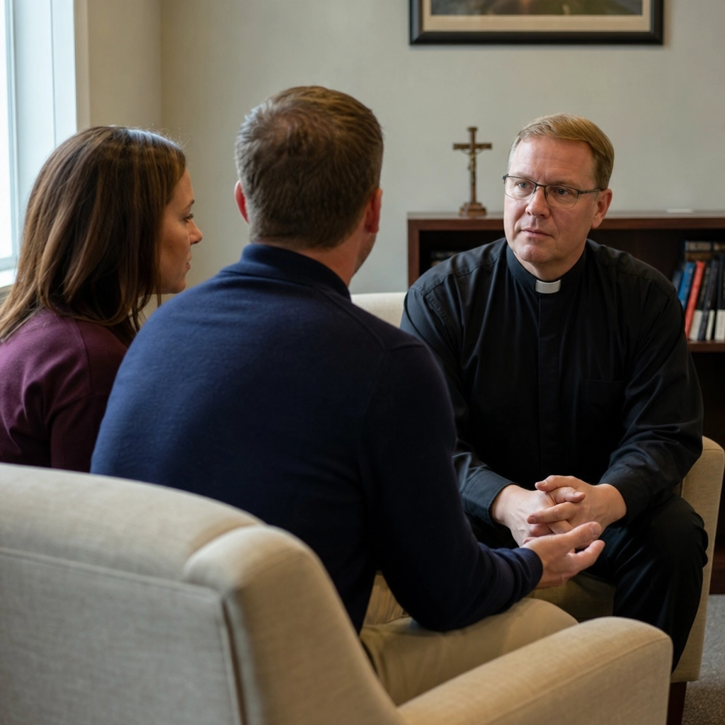 couple consulting a pastor in his office