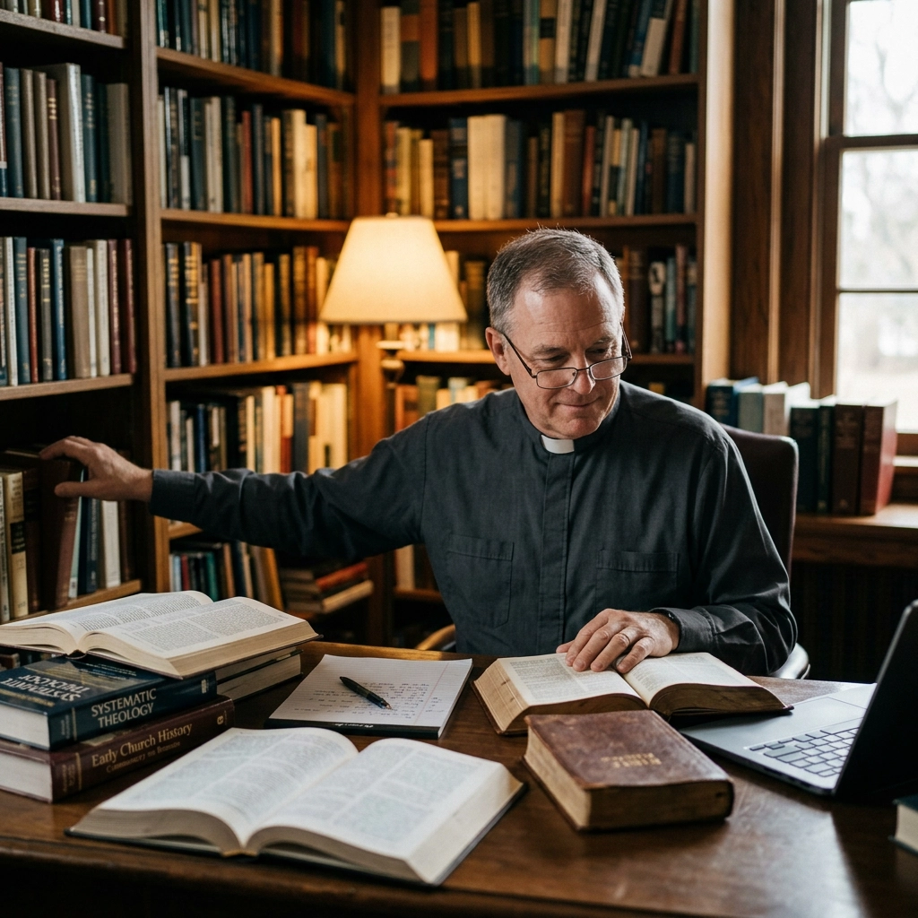 Priest reading the bible with books around him