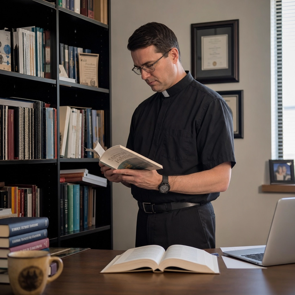 priest looking through resources on a shelf