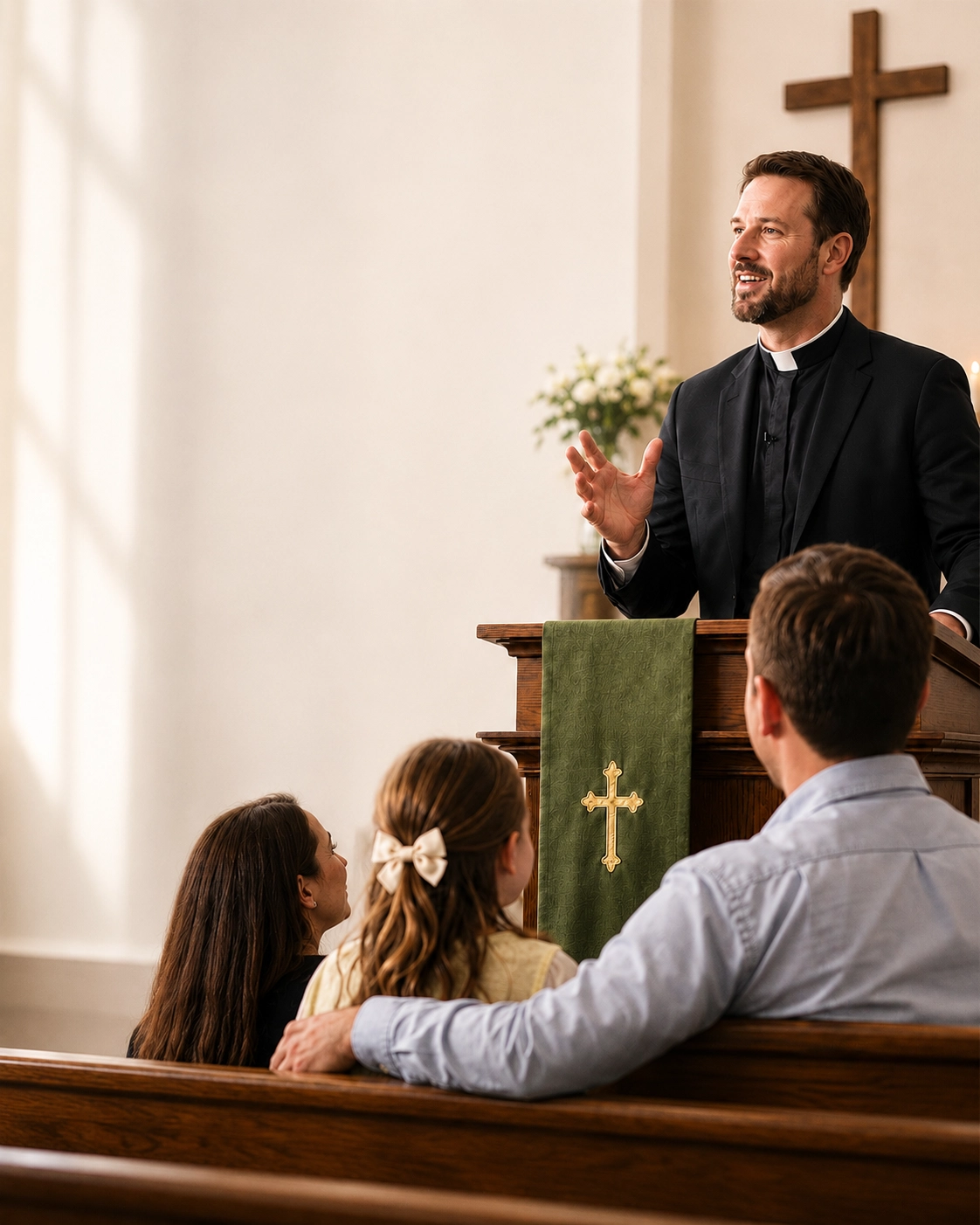 Priest at pulpit preaching in front of a young family